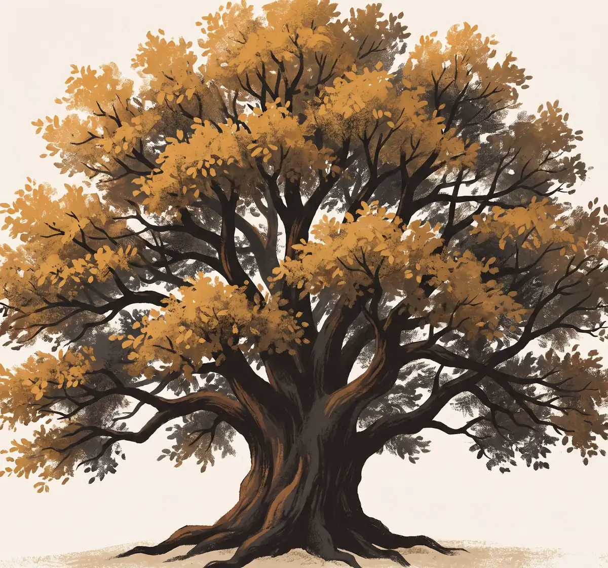 A large tree canopy filling most of the frame in warm, late-afternoon light, with the trunk and lower branches anchoring the bottom of the frame